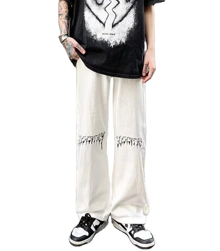 New Trendy Custom Stock High Street Men & Women Letter Print Jeans Korea Wide Pants Baggy Denim Trousers