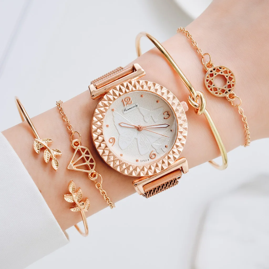 Female New Luxury Ladies Watch Bracelet Set Quartz Wristwatch 5 PCS Set Women Butterfly Watch Clock Gift Mesh Strap Reloj Mujer