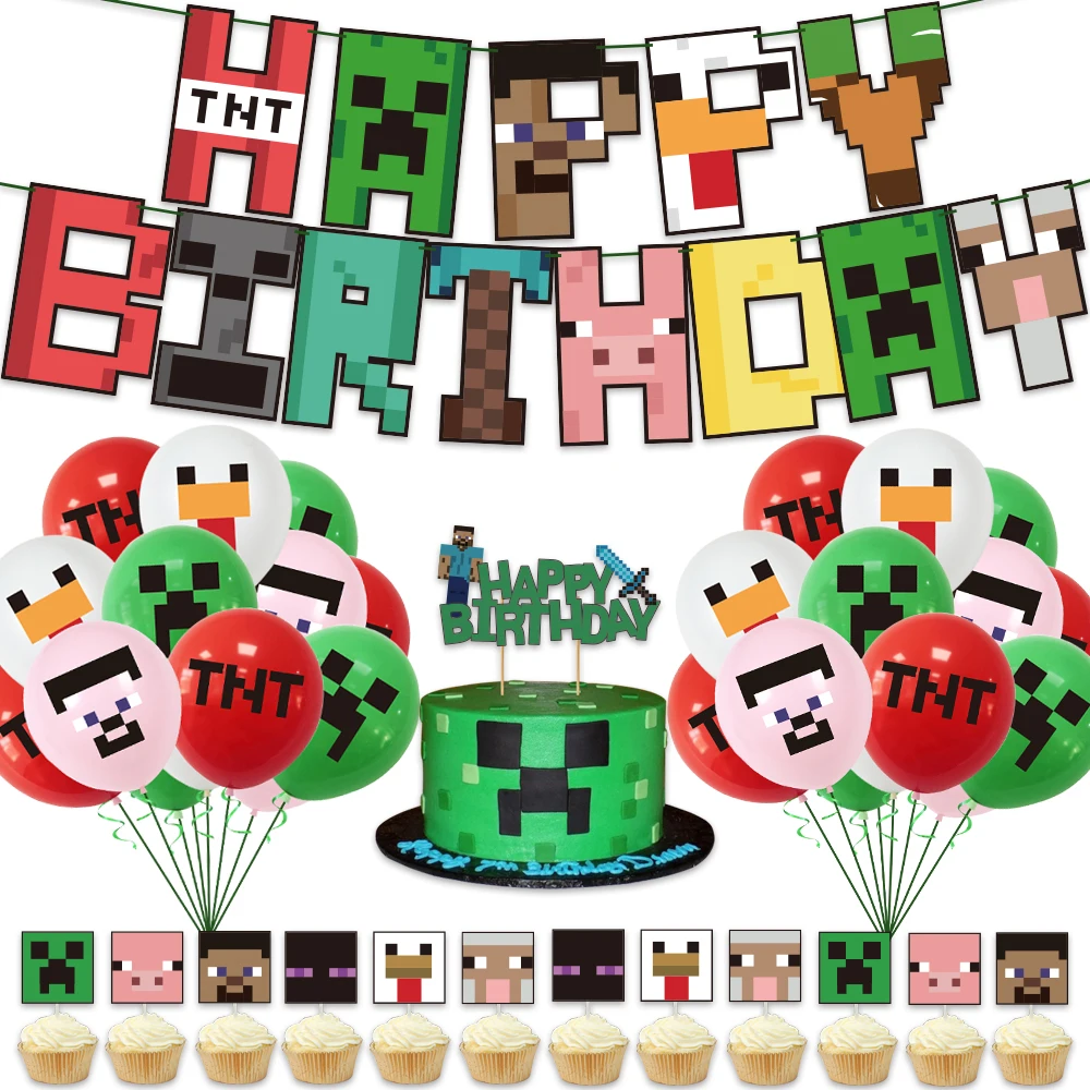 Hot Sale Minecraft birthday party decoration My world themed paper Cupcake Toppers pixel game Cake Topper Party Supplies