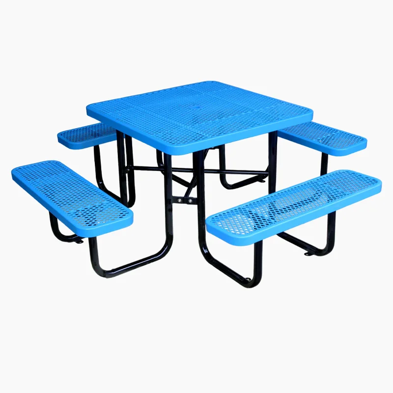 Outdoor commercial metal square picnic table with benches garden furniture steel dinning table outside patio coffee table