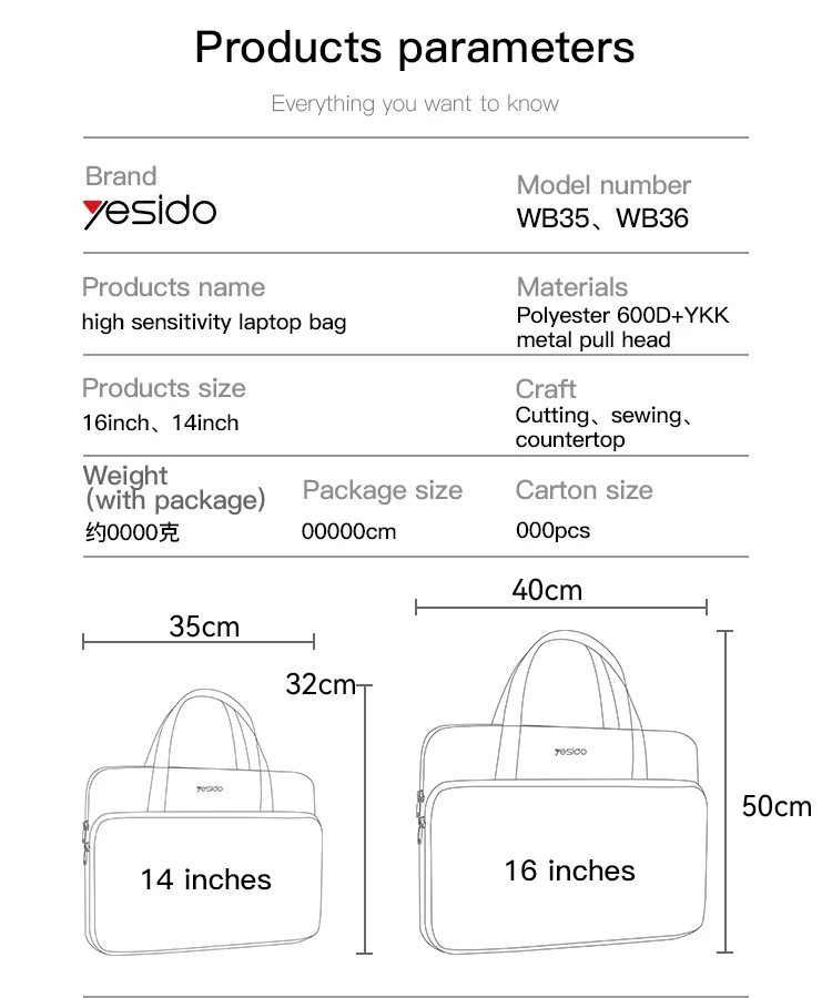 Yesido WB35 Smooth and scratch resistant Multi layered storage Large capacity unbreakable high sensitivity laptop bag