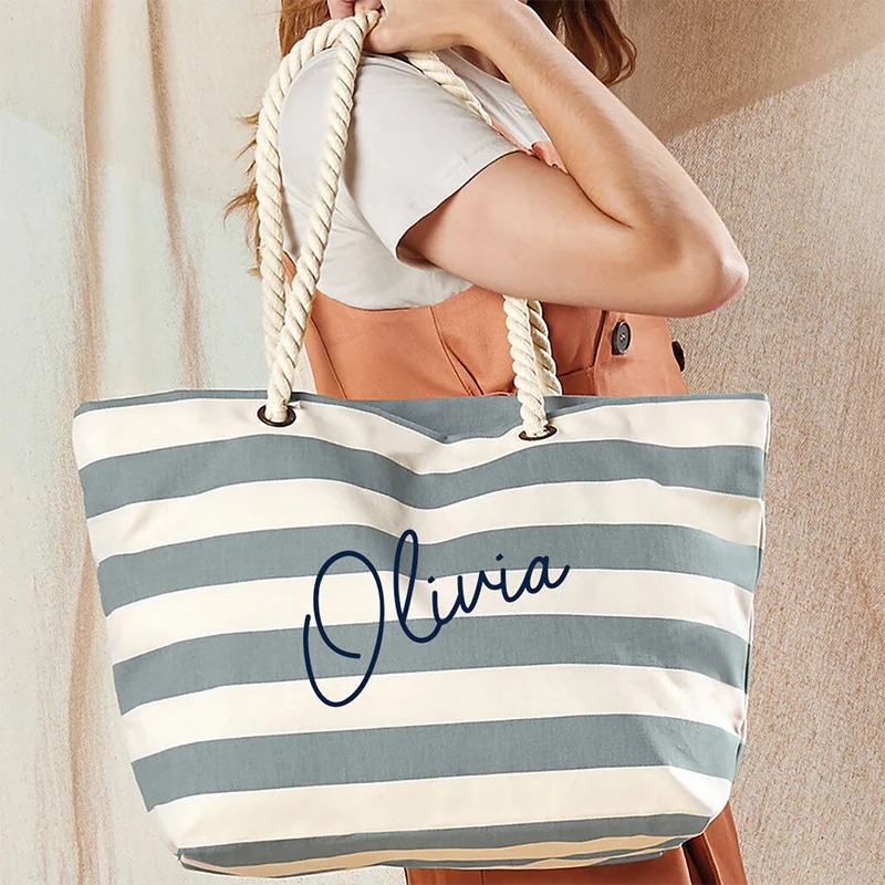 Новая модная негабаритная Летняя женская Холщовая Сумка с принтом логотипа полосатая пляжная сумка хлопковой веревочной ручкой