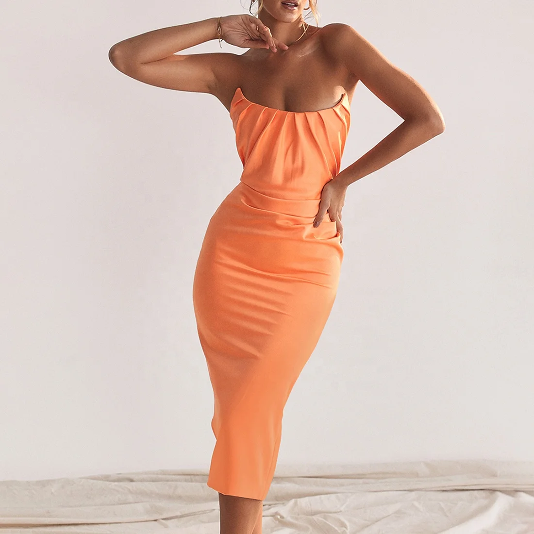 Мандариновое Платье-миди без бретелек в стиле корсета, женское вечернее платье, элегантное вечернее платье