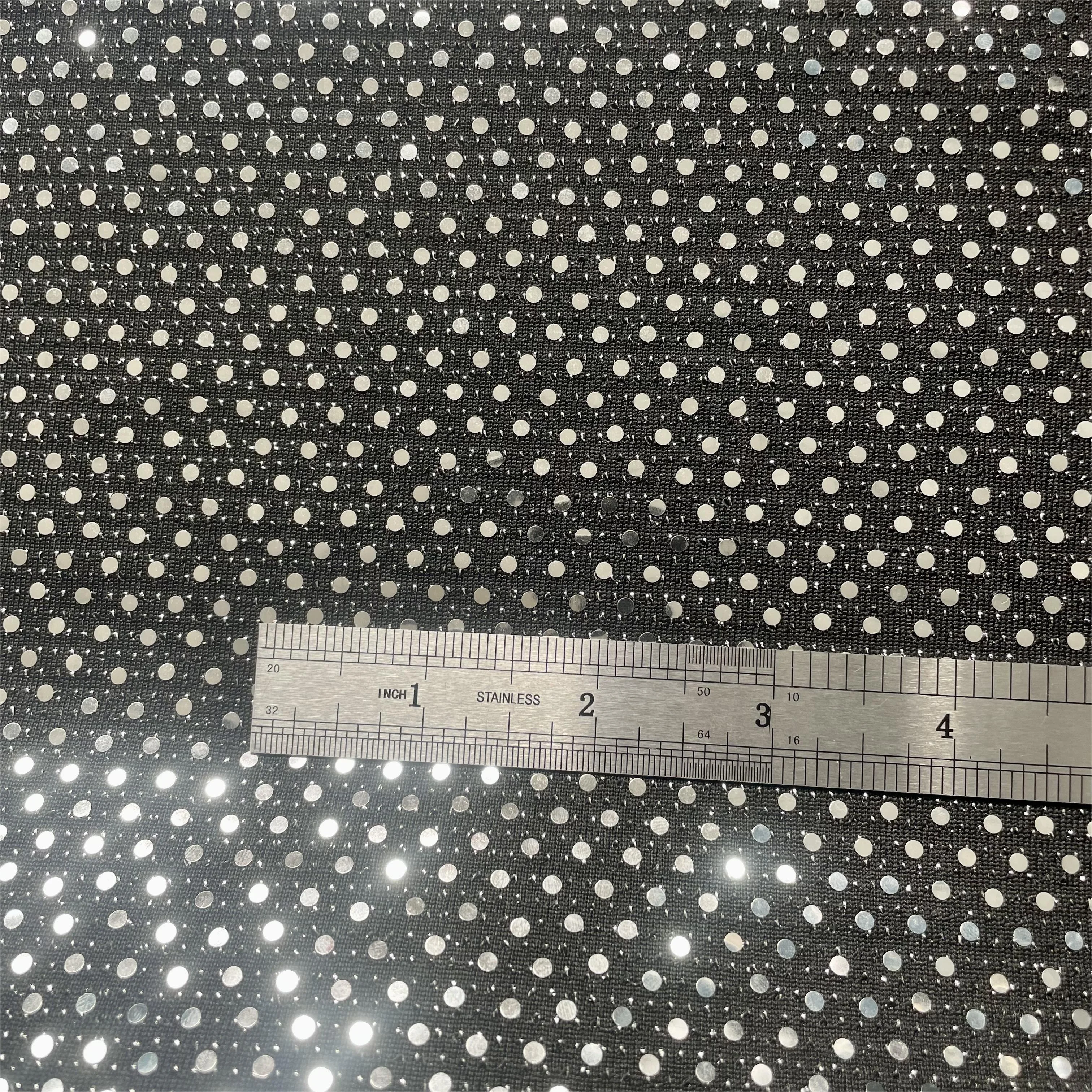 Fashion polyester wire sequins decal fabric dress flash stretch knit fabric laser polka dot perm women jacquard fabric