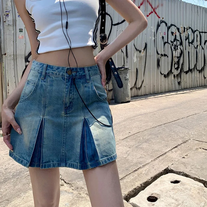 Женская Летняя короткая джинсовая юбка Y2k с высокой талией и поясом плиссированная Черная Сексуальная мини-юбка шортами
