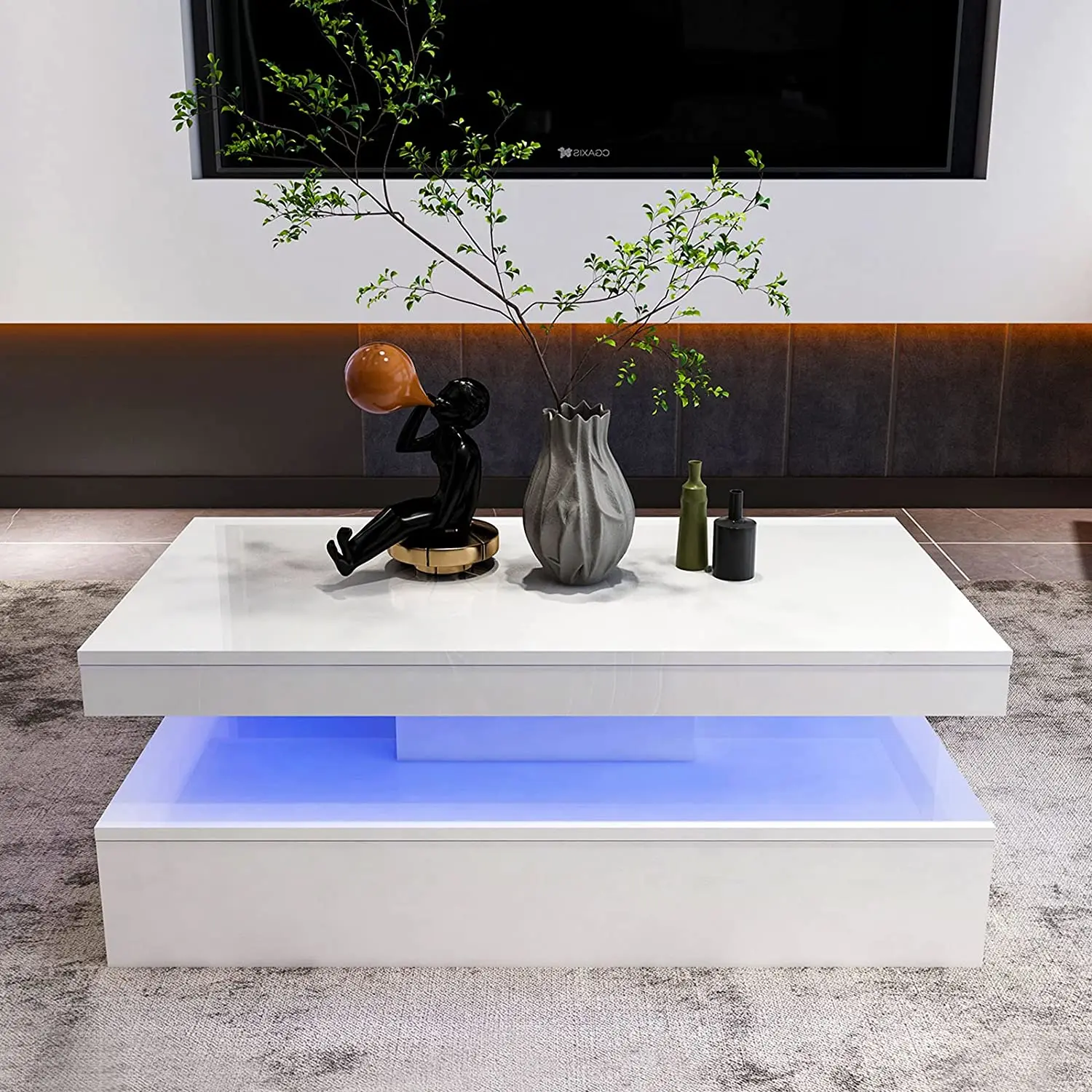 White High Glossy 2 Tiers Modern Coffee Table with LED Light for Living Room