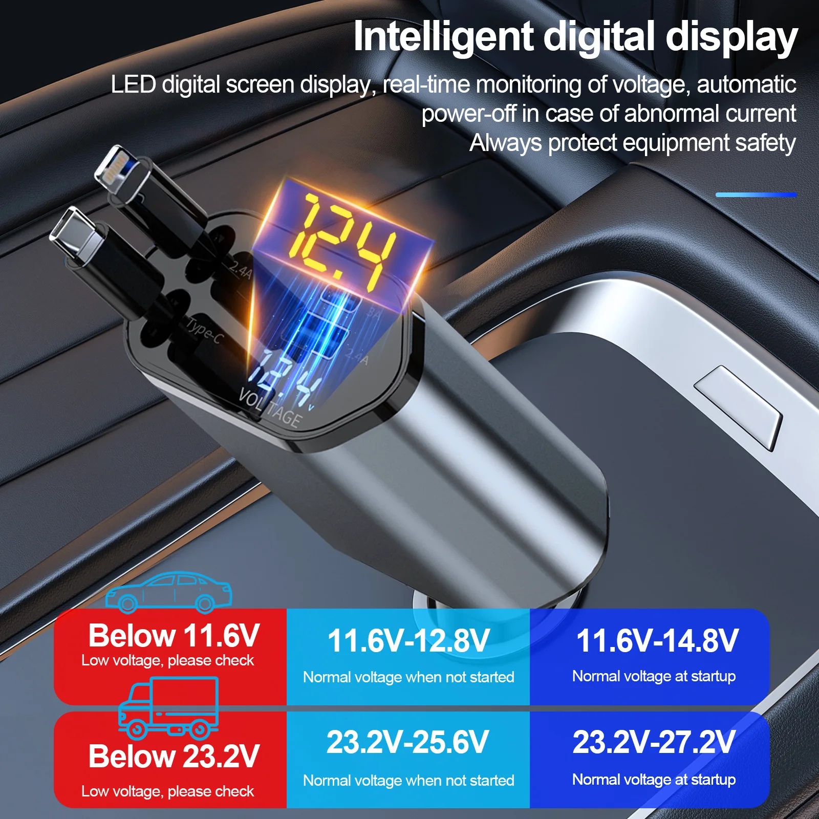 120W 4 in 1 Auto Super Iphone Phone Pd Mobile Universal Port Display Charging Retractable Usb Car Charger Type C Fast Adapter