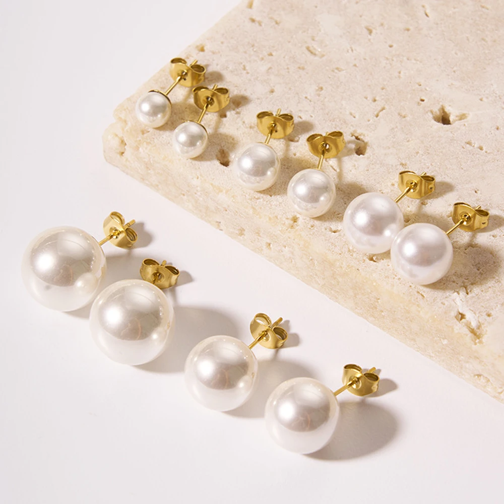 Hot Selling Fashion Minimalist PVD 18k Gold Stainless Steel Pearl Stud Earrings Women