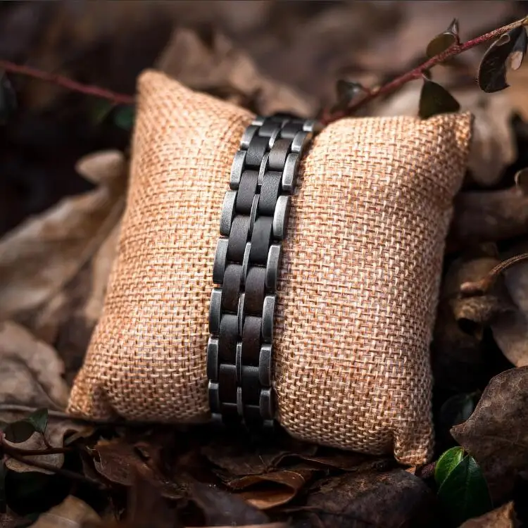 Unique Amazing Mens Link Bracelet Antique Silver Stainless Steel Ebony Hawaiian Handmade Wood Bracelets For Men