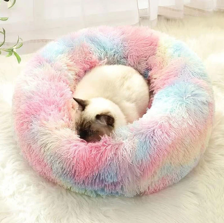Free Sample Suppliers Custom Novelty Colorful Round Long Plush Donut Pet Bed Fluffy Calming Small Cat Dog Warm House