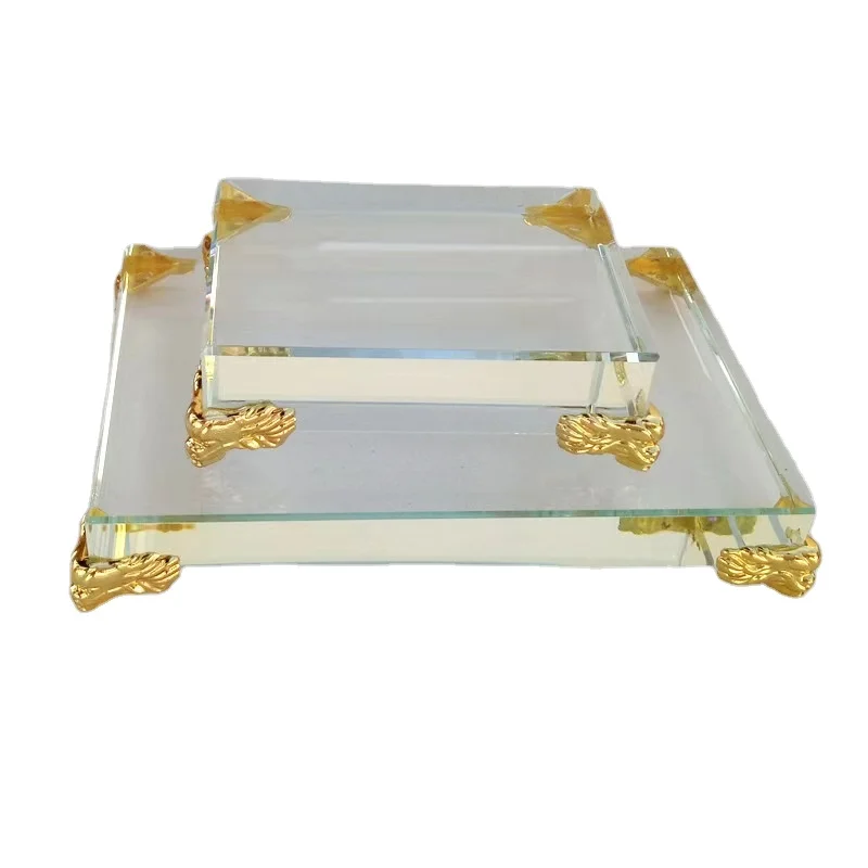 Wholesale transparent rectangular k9 crystal glass with metal feet transparent base