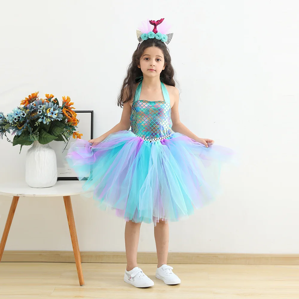 Birthday Outfit Kids Princess Party Dress Cosplay Performance Tutu Dress Girls Mermaid Tutu Dress