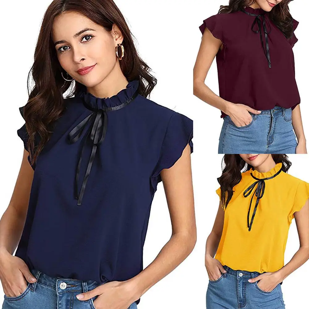 Женские топы и блузки 2019, Женская Повседневная элегантная рубашка с рукавом-крылышком и бантом, однотонная шифоновая блузка, топы, женские рубашки, Новинка