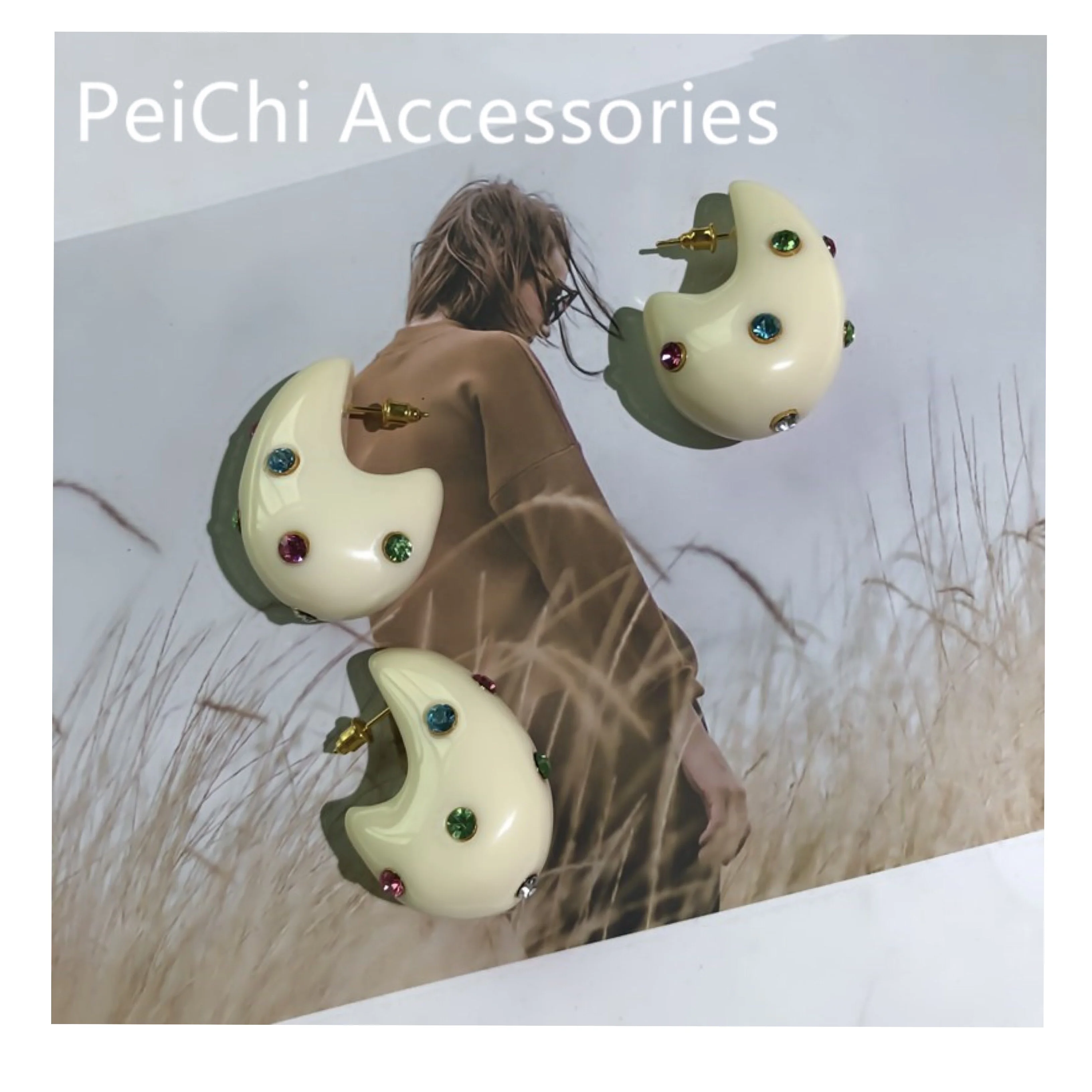 Peichi New fashion Korean Style oval shape rhinestone Resin stud Earrings for women jewelry