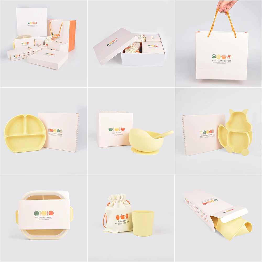 Ручек 28 цветов премиум класса Детские чаши нагрудники ложки 3 штуки в упаковке по индивидуальному заказу Силиконовые Детские принадлежности для кормления набор Экологичные детские товары