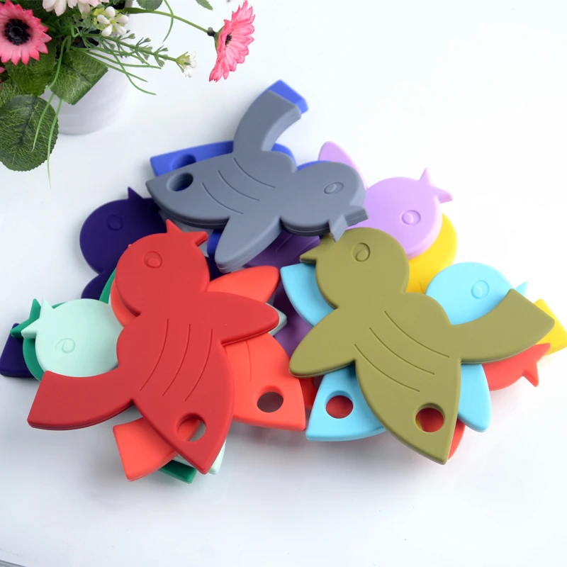 Bird Shape custom Multiple color silicone baby teether toy with Silicone ring