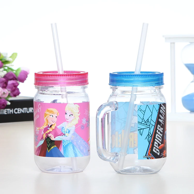 High quality mason jar clear plastic straw cup with lid and handle