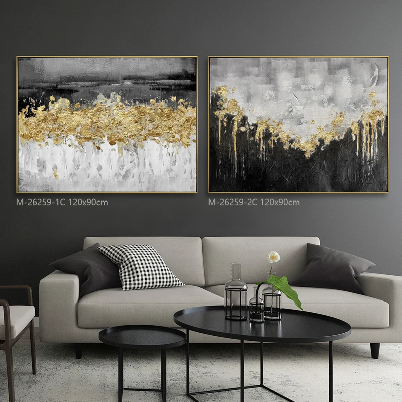 Black and White Abstract Painting With Gold Foil Oil Painting 100% Handmade Wall Art Painting for Home Hotel Decor