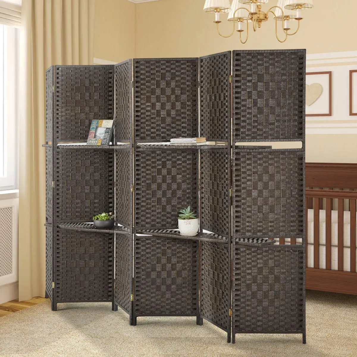 6 ft Tall Diamond Room Divider Folding Privacy Screens Partition Wall with 2 Display Shelves