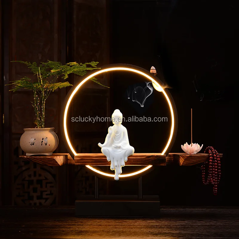 Electricity LED Light Lotus Guanyin Buddha Home Decoration Creative Night Lamp Backflow Incense Burner