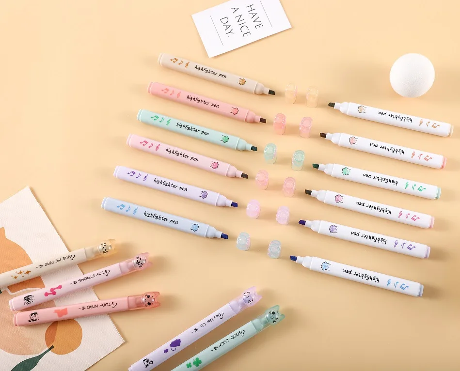 Cute Cat Highlighter Creative Milk Tea Color Student Stationery Accent Marking Hand Account Pen Set