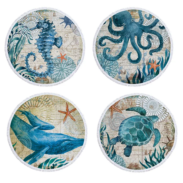 Fast Dry Sandy Free Large Custom Printed Octopus Sea Turtle Round Beach Towel for Adults