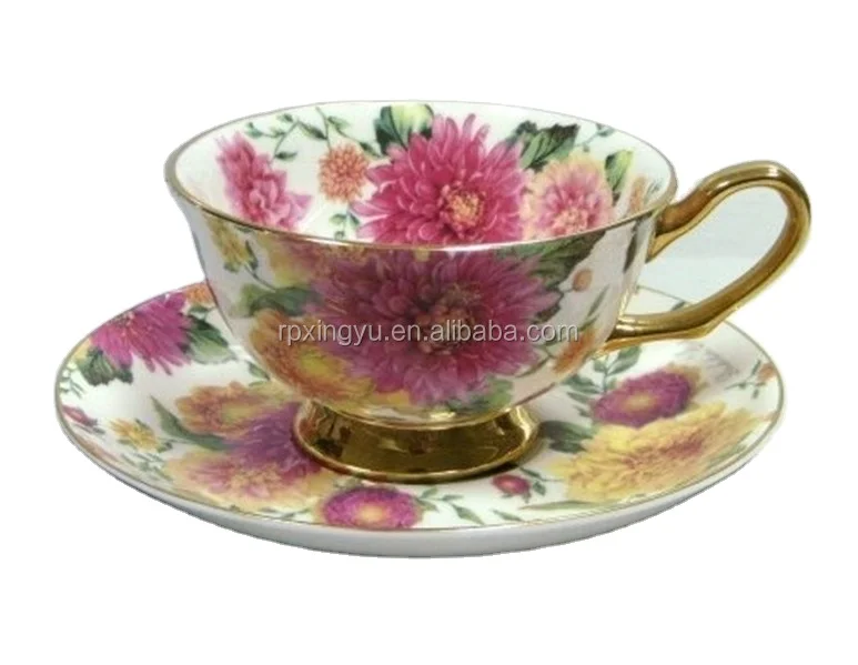 New bone china coffee cup and saucer with gold rim