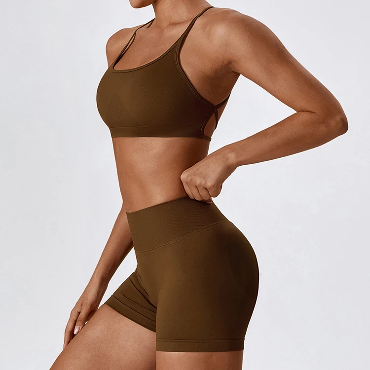 Wholesale high quality 2 piece workout set gym seamless bra and scrunch butt shorts workout sets for women