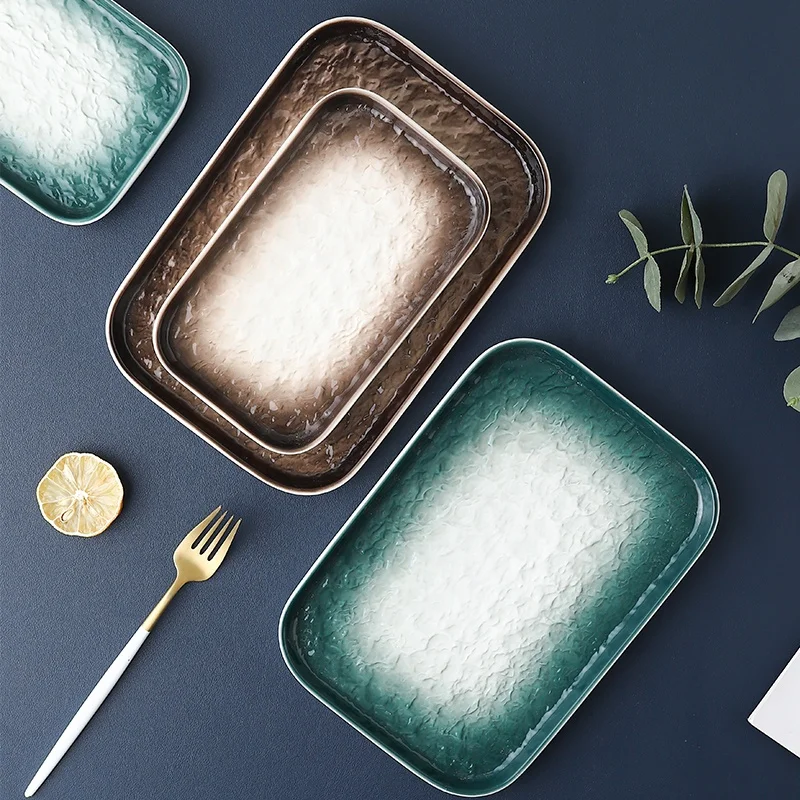 Hand-Painted Color Gradual Change Ceramic Rectangle Plate Porcelain Dinner Plates Dish with Stone Thread Surface for Dining