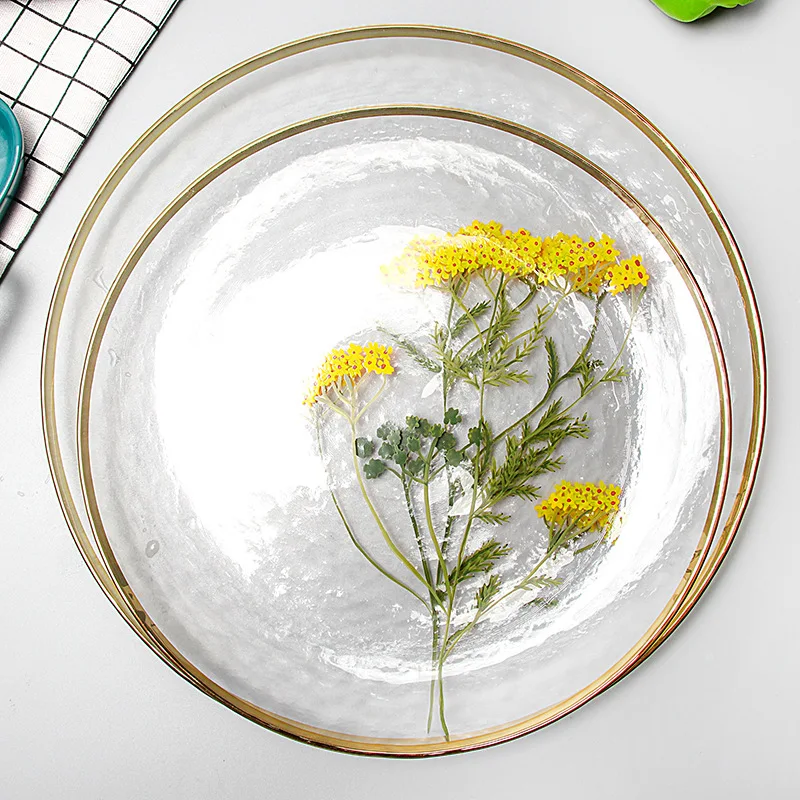 wholesale flower 12 inch round glass plate floral fruits microwave oven glass plate