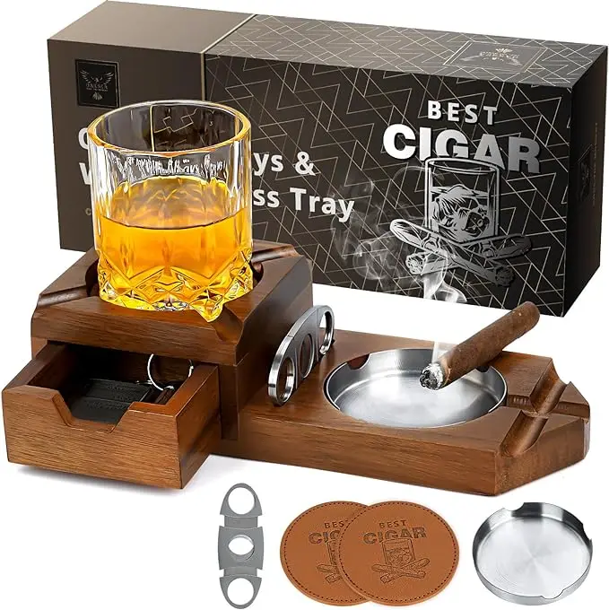 Cigar Ashtray Coaster Whiskey Glass Tray and Cigar Holder