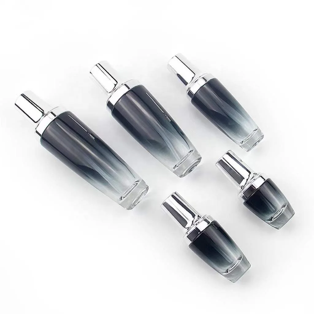 Essential Oil Essence 15 20 30 50ml Cosmetic Glass Bottle Black Gold Emulsion with Silver New Amber Emulsion Pump Dropper Small