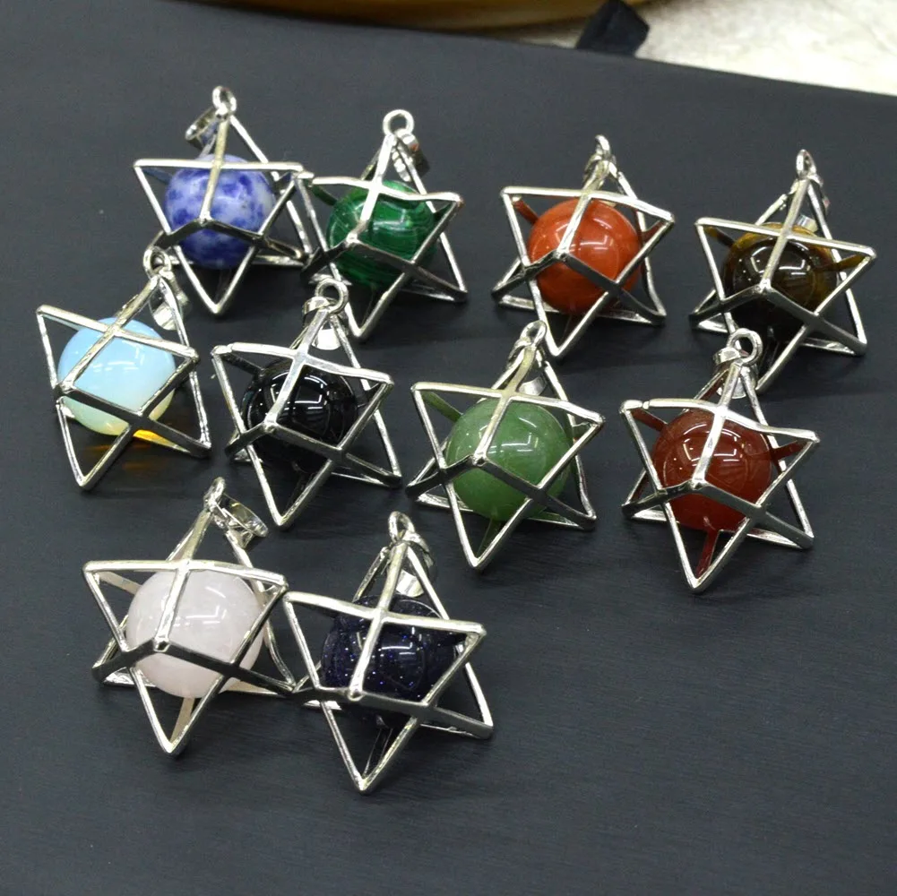 Natural Stone Hollow Merkaba Healing Crystal Amulet Pendants Lucky Gemstone Crystal DIY Charm Meditation Reiki Stone Jewelry