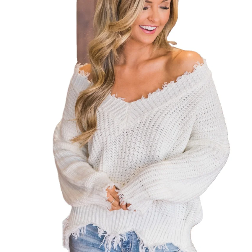 Wholesales White Blank Long Sleeve Adult Sweater Top V-neck Flat Cable Knit Oversize Distressed Pullover Women Sweater