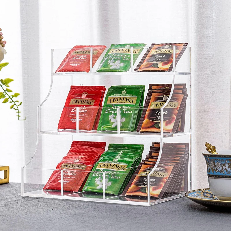 Custom Modern 3 Tier Tea Bag Organizer Rack Clear Acrylic Teabag Storage Holder Stand