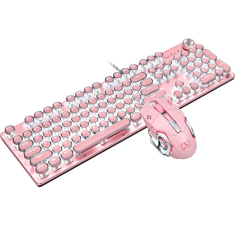 Full-Size Ergonomic USB Wired keyboard and Mouse Combo RGB Backlit Typewriter Gaming Keyboard Retro Pink Mechanical Keyboard