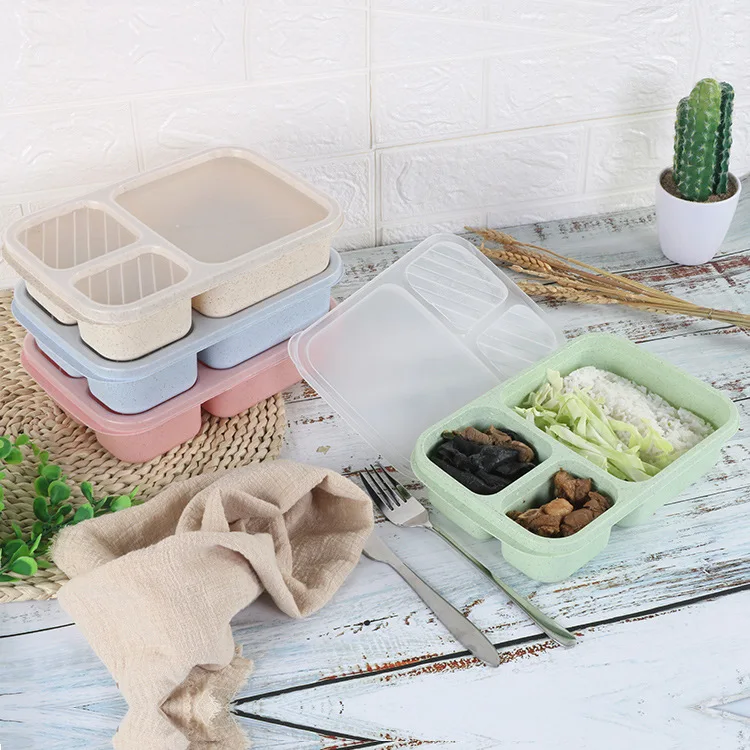 Wheat Straw Divider Lunch Box Student Office Dining Hall Plate Outdoor Portable Tableware Set Bento Box