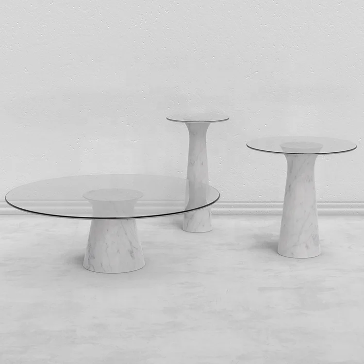 Italian Carrra Marble Clear Round Small Glass Top Circular Glossy Hotel Mushroom Talks Coffee Table