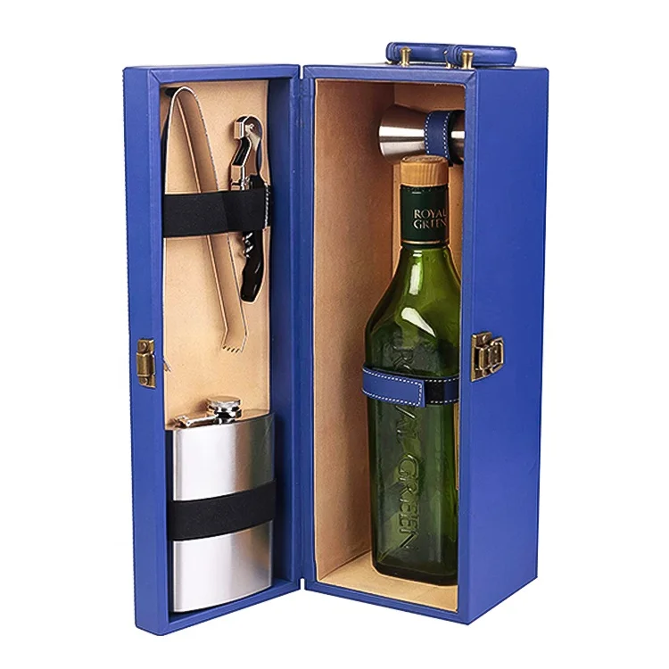 Camping Stainless Steel Bartender Tool Set Hip Flask Shaker Leather Suitcase