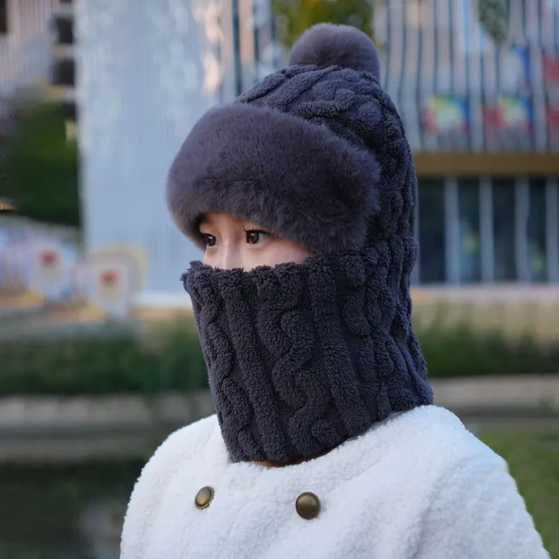 2 in 1 Knitted Hat Pompom Plush Ears Protection Pompom Beanie Winter Women Face Cover Neck Hat Gaiter Warmer Beanie Cap for Ski