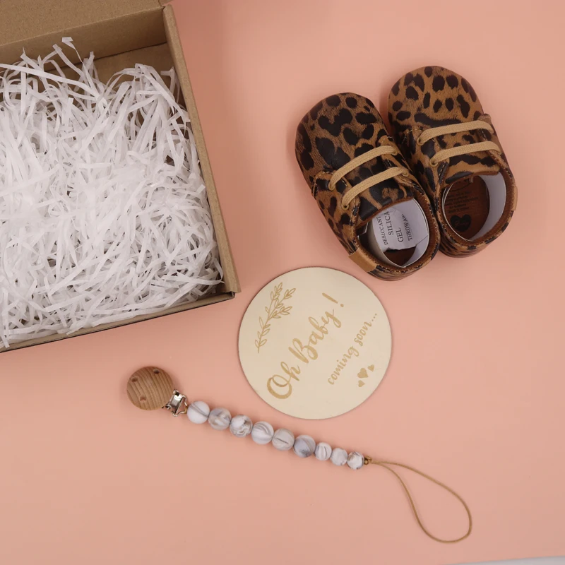 8 colors baby pu leather shoes leopard print soft toddler first walkers pacifier chain  newborn gift set