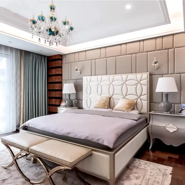 Custom Italy Luxury Homey Modern Coin Design Champaign Gold Leather Headboard Bed Frame