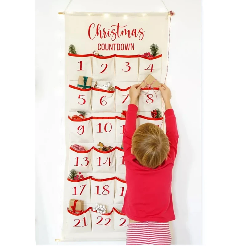 Christmas Advent Calendars Red Ribbon Gift Pocket Bag Embroidery Kids Toys Pouch Monogram Countdown Calendar Wall Hanging Decor