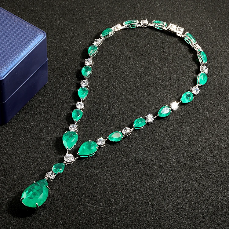 Luxury Silver Jewelry Zircon Pendant Necklace Charm CZ Diamond Chain Necklace Full Iced Out Green Stone Necklace