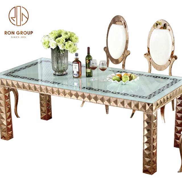 Top Class 5 Star OEM Luxury Morden Hotel Party restaurant Banquet Dining Room Tempered Glass Mirror Table Wedding Furniture