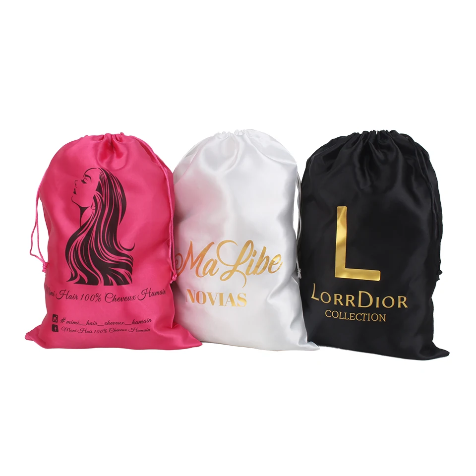 Custom hair extension silk pouch satin drawstring bag hair  printed Silk hair bag