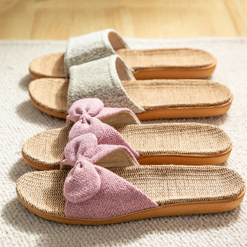 Bowknot Sandal Cotton Flax Summer Ladies Girls Slippers Brown Home Outdoor Non-Slip Cool Beach Holiday Slippers