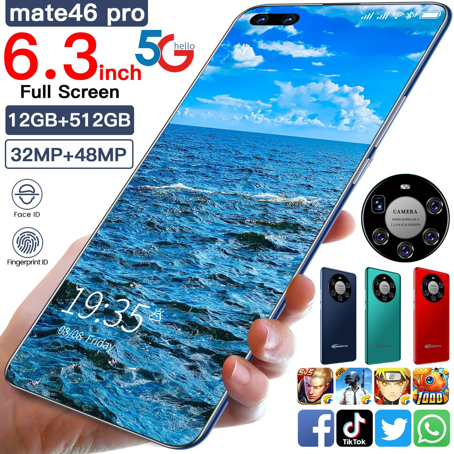 
Fashion mate 50 pro 7.2 inch infinity o-screen smartphone 5G 4G 12+512GB HD screen face ID fingerprint ID long standby phone 