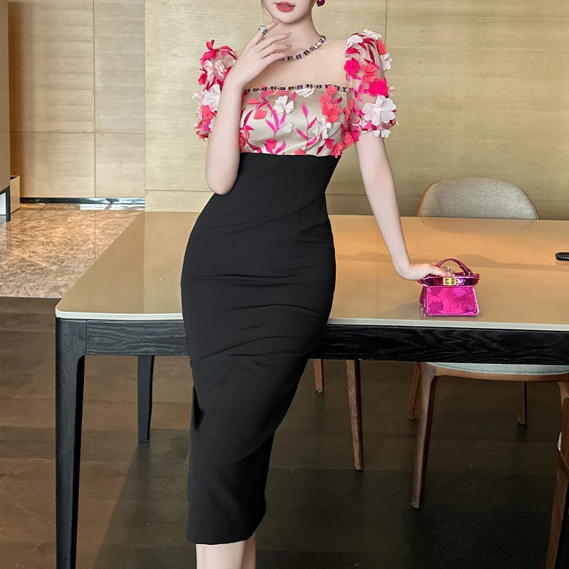 ZYHT 50677 Pink Mesh Ruched 3D Flower Sleeve Lace Stitching French Dress Perspective Split Tight Pencil Dress