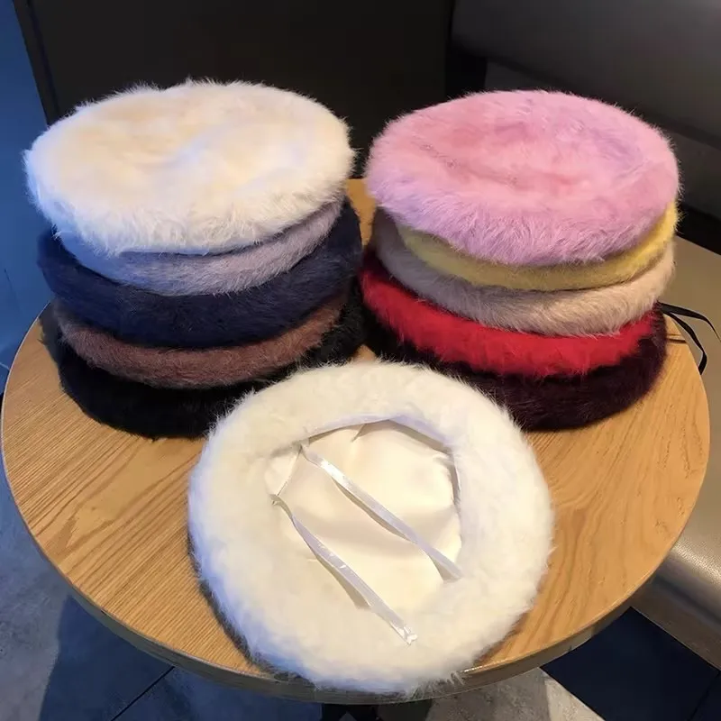 2025 Winter Beret Femme Solid Color Outdoor Wool Boina for Girl Warmth Soft Plush Rabbit Korean Beret